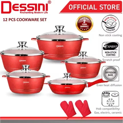 DESSINI ITALY Granite Aluminium Non Stick Casserole Pot Bowl Deep Fry Pan Cookware Tool (12 Pcs)